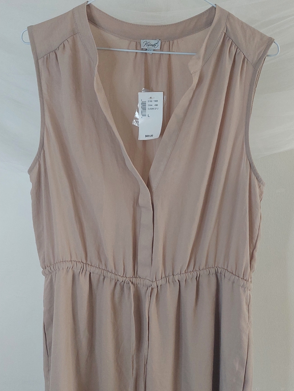 KISMET Tan Sleeveless V-Neck Drawstring Waist Tank Mini Dress, Size Large - Picture 5 of 7